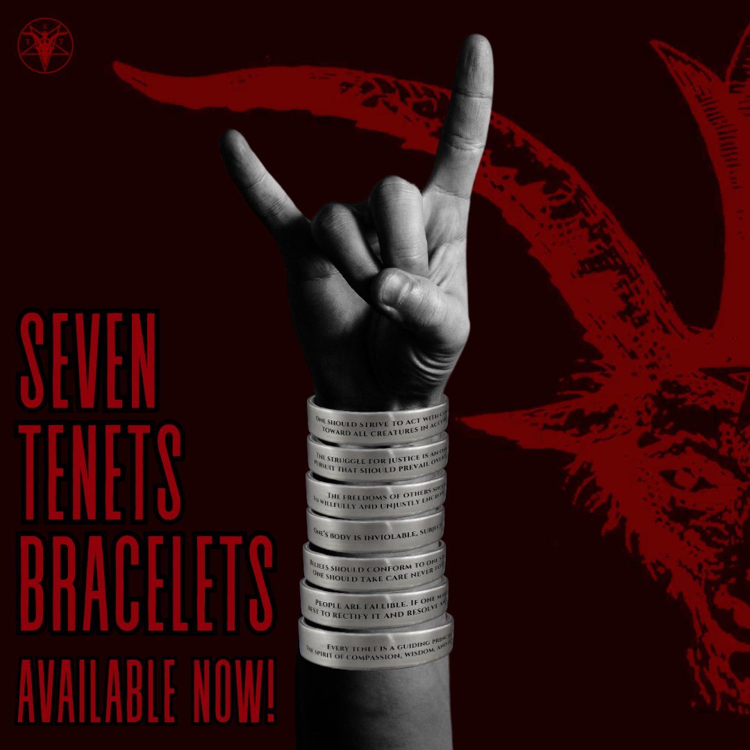 NOW AVAILABLE - THE SATANIC TEMPLE'S SEVEN TENETS BRACELETS! Each tenet has been engraved into a heavy stainless steel bracelet and finished with black ink. Visit tinyurl.com/tenetbracelets to get yours today!