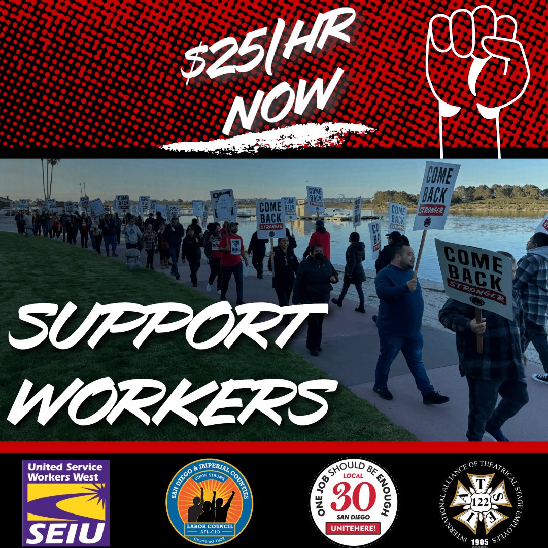 Local 30 members! 🗣️ Alongside @SDLaborCouncil, @IATSE122, and @seiuusww we will march on Wednesday, May 1, and fight for an increase of the minimum wage to $25 for hospitality workers in the City of San Diego. We will meet at the San Diego Bayfront Park at 4 pm. See you there.