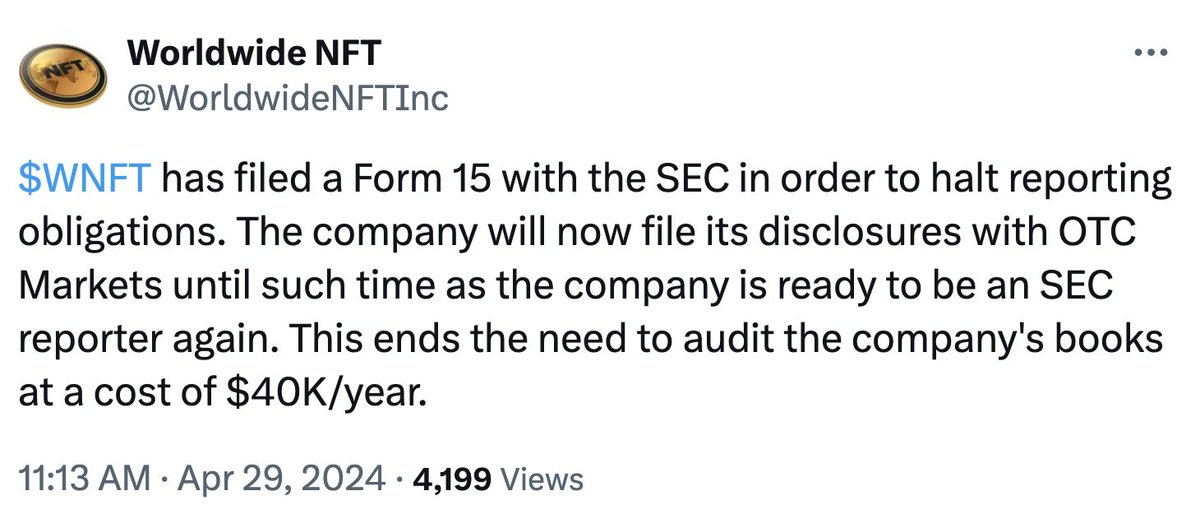 It makes sense to me, that Mr George move $WNFT to OTCMarkets vs the $40K to SEC, until the court case is settled. Fees are much lower.

It didn't affect the price, today.  I don't see this as a bad thing. Might be awhile, as we already know. I will wait. Longs seem to be Holding