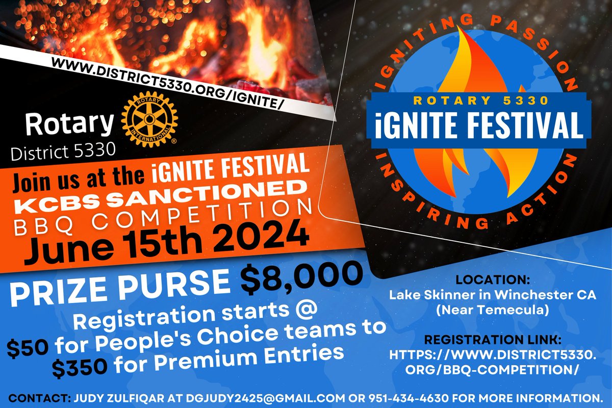 Make sure to save the date for the Ignite Your Passion - Ignite Festival BBQ Competition happening on June 15th in Winchester, CA! 🔥 Join us and be a part of this exciting BBQ showdown, packed with entertainment for all ages. district5330.org/ignite-competi…
