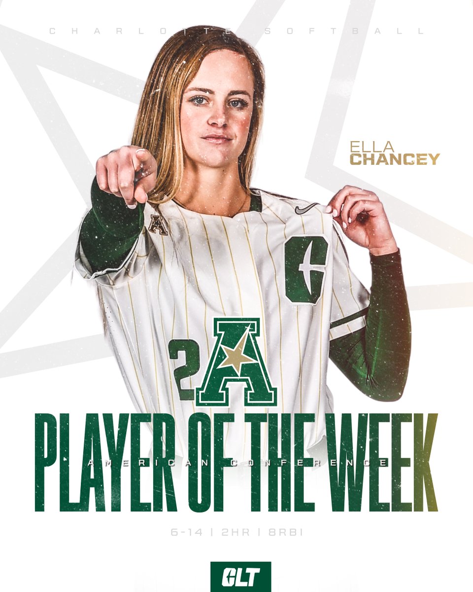 CharlotteSB's tweet photo. Ella Chancey, your @American_Conf Player of the Week. 👑

» 𝟔-𝐟𝐨𝐫-𝟏𝟒 (.𝟒𝟐𝟗), 𝟐 𝐇𝐑, 𝟖 𝐑𝐁𝐈

📰 | https://t.co/UuBoYSXhAn

#GoldStandard⛏️ https://t.co/5ovlM79Xmi