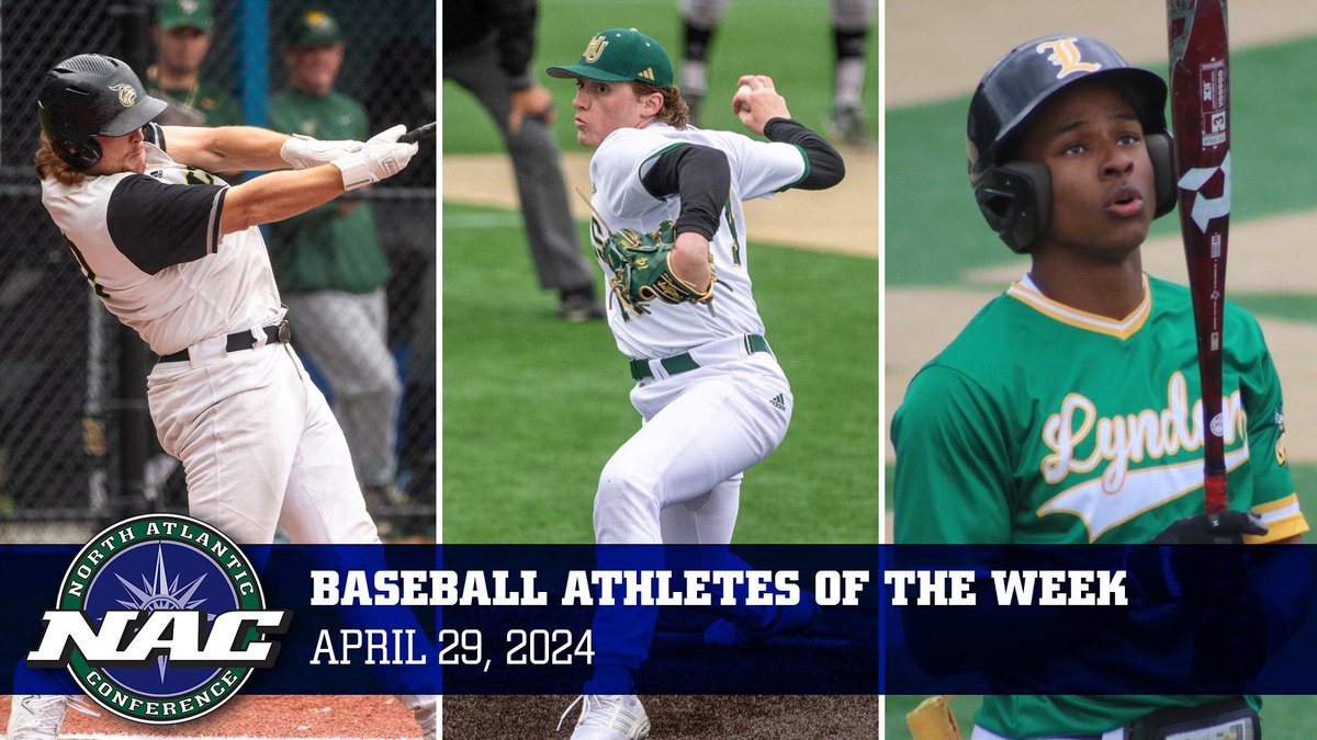 NAC Baseball ⚾️ | Athletes of the Week – April 29, 2024

Player of the Week – James Brandon, Lesley
Pitcher of the Week – Connor Abood, Husson
Rookie of the Week – Evan Duncan, VTSU Lyndon
#NACbsb