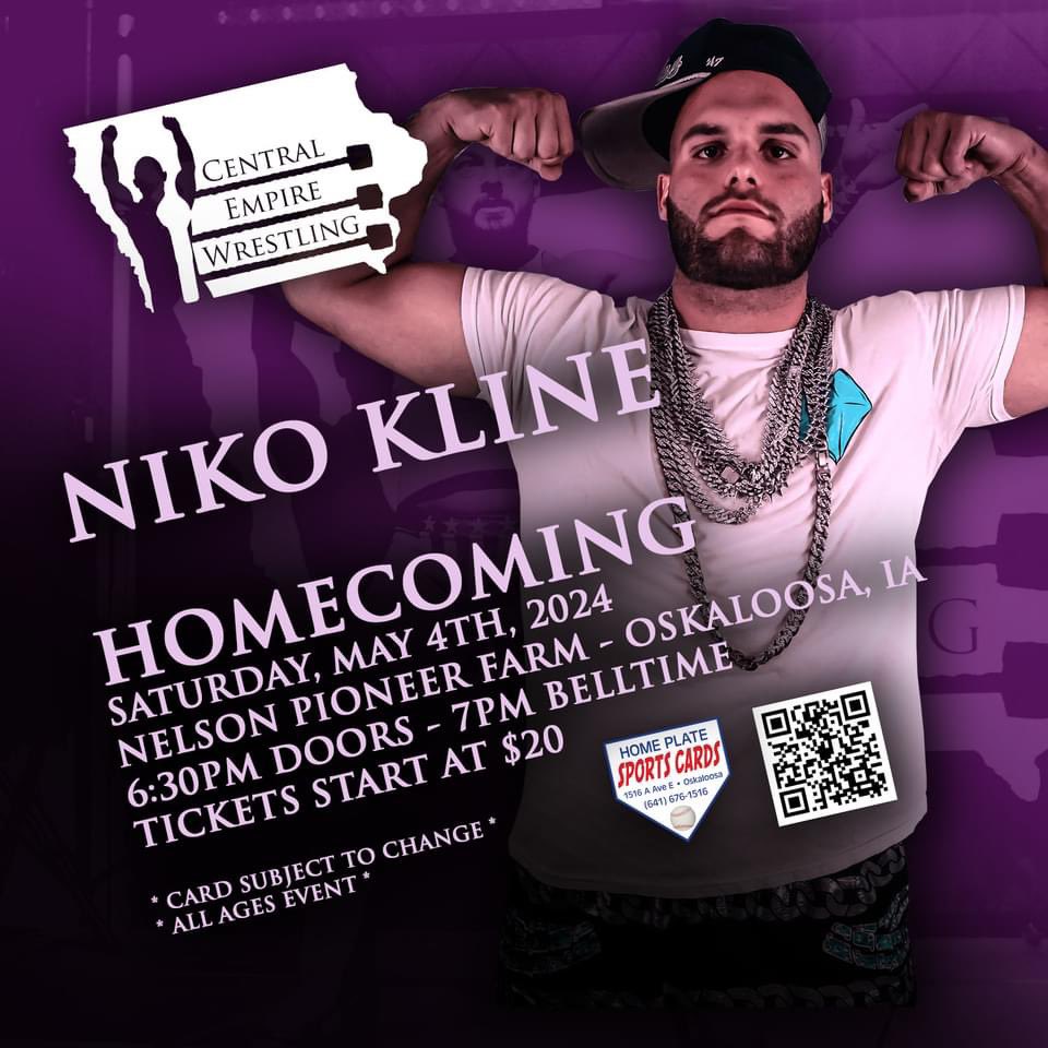 Saturday in Oskaloosa @niko_kline makes his CEW debut! He’s ready to leave his mark felt this weekend and put the CEW roster on notice! Doors open: 6:30pm Bell Time: 7pm Tickets: bit.ly/3wIhJFa