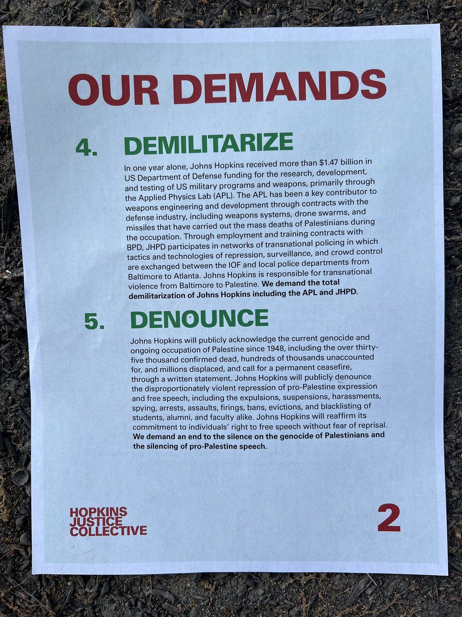 DREW DANIEL (@dddrewdaniel) on Twitter photo Students have declared an encampment in solidarity with Gaza on the <a href="/JohnsHopkins/">Johns Hopkins University</a> campus just now - I reproduce their five demands in full Students have declared an encampment in solidarity with Gaza on the <a href="/JohnsHopkins/">Johns Hopkins University</a> campus just now - I reproduce their five demands in full