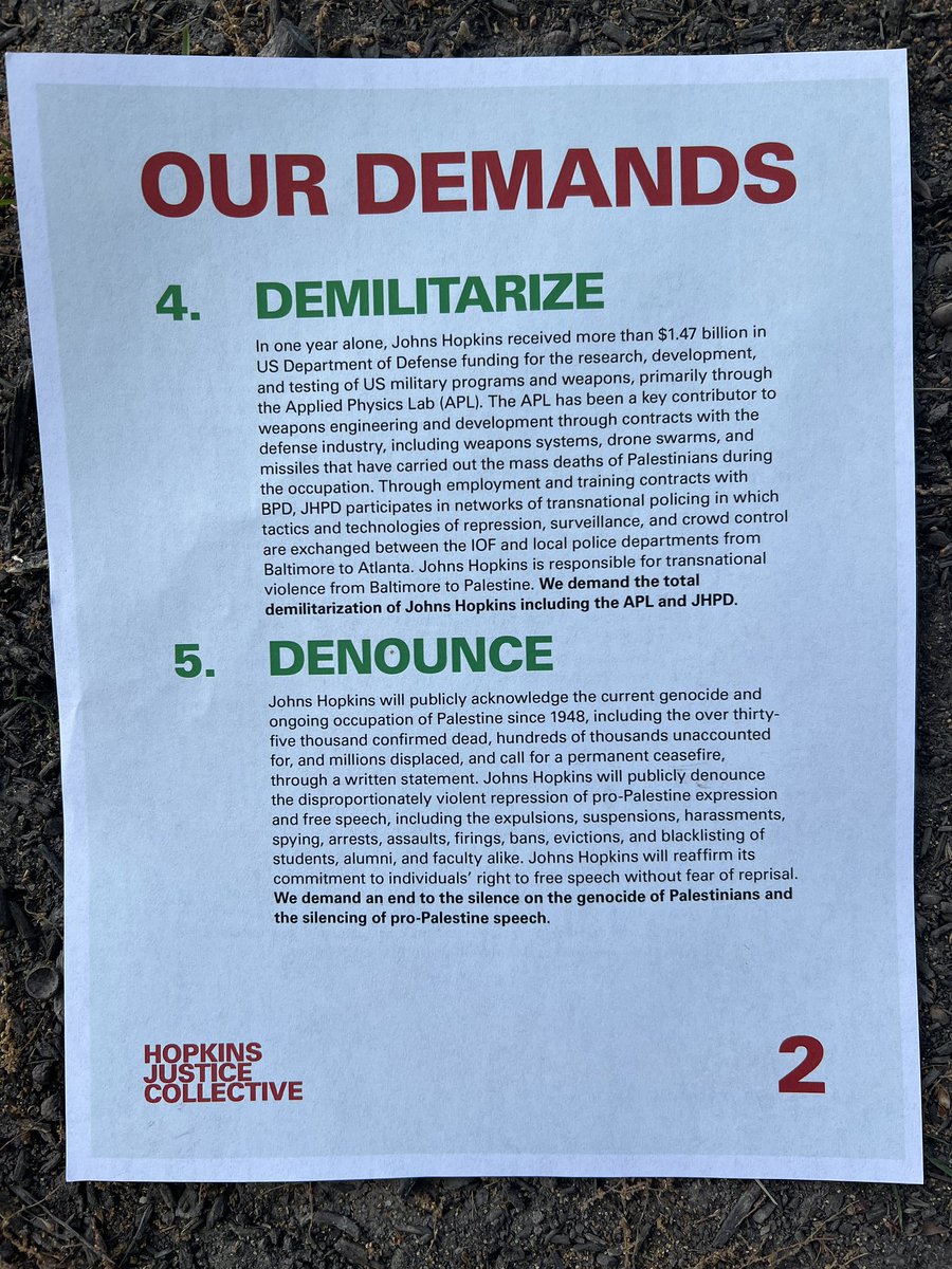 Students have declared an encampment in solidarity with Gaza on the @JohnsHopkins campus just now - I reproduce their five demands in full