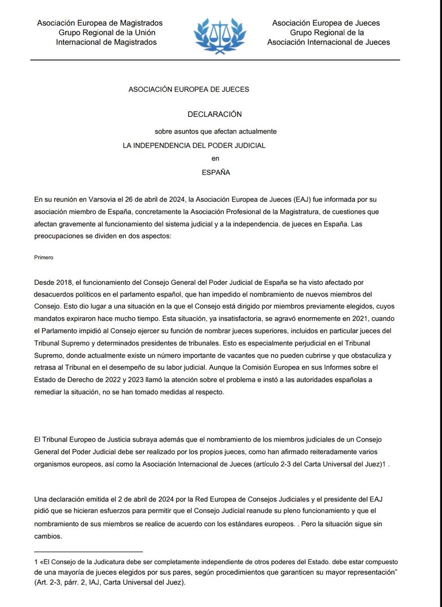 juecesAPM's tweet photo. 👉Comunicado de la Asociación Europea de Magistrados sobre asuntos que afectan a la independencia del Poder Judicial en España. 👇 https://t.co/vDc8AGNWKX