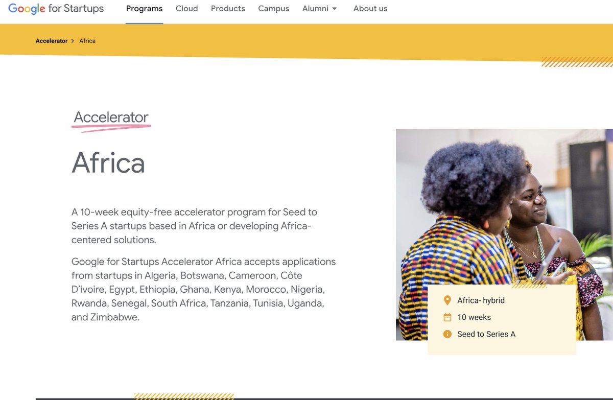 Google for Startups Accelerator Africa is now accepting applications. 🇩🇿🇧🇼🇨🇲🇨🇮🇪🇬🇪🇹🇬🇭🇰🇪🇲🇦🇳🇬🇷🇼🇸🇳🇿🇦🇹🇿🇹🇳🇺🇬🇿🇼 startup.google.com/programs/accel…