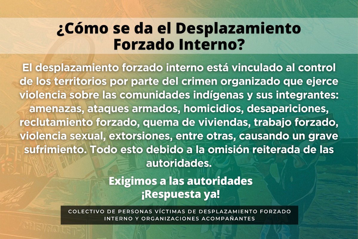 El control del territorio es una de las principales causas que ocasionan el #DesplazamientoForzado #Interno, acarreando grave sufrimiento  y desarticulación de las comunidades.

#DesplazamientoForzadoInterno #ONU #LeyYA