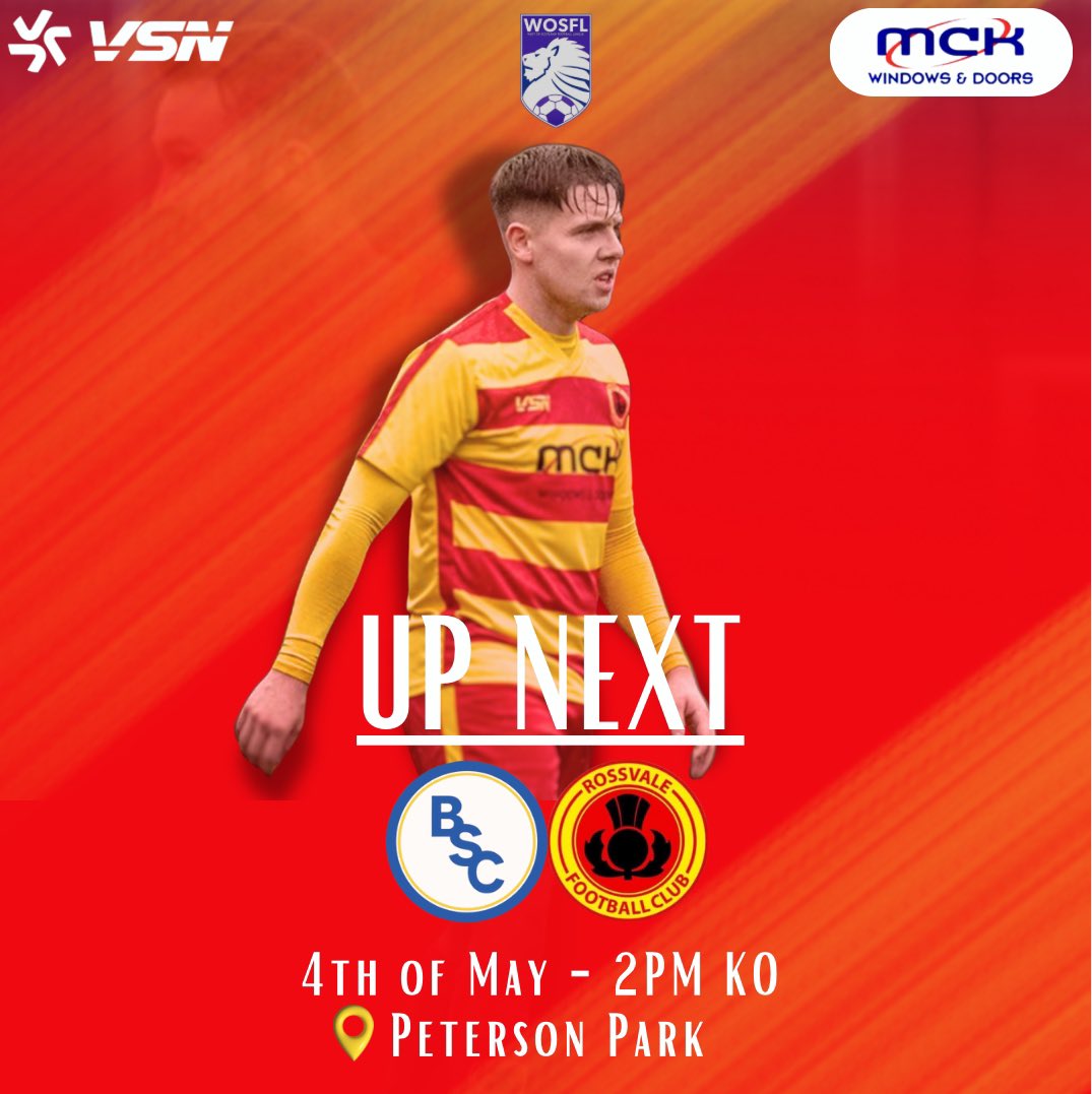 🔴 UP NEXT 🟡 After another free week we are back to @OfficialWoSFL duty as we take on @BSCGlasgow on Saturday 🐝 2 games to go ⚽️ 🆚 @BSCGlasgow 📅 Saturday 4th of May 2024 🕒 Kick-Off 2:00 PM 🏟️ Peterson Park 🎟️ £6 / £3 / under 16’s free #Rossvale🔴🟡