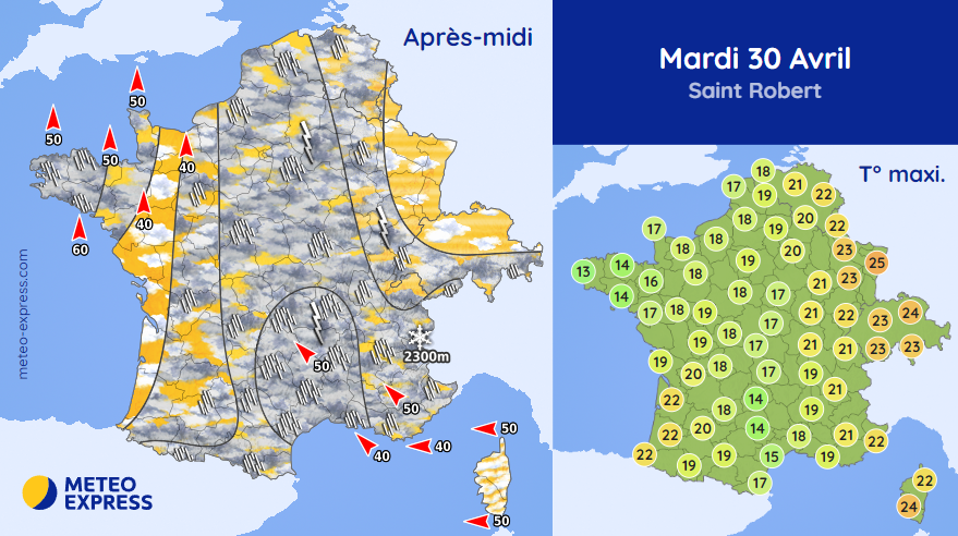 🌦️ Ce mardi : averses du Languedoc au nord. Doux au nord-est avec des orages ce soir. ➡ meteo-express.com/previsions/pre…