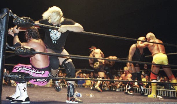 Barry Windham, Bret Hart, Hulk Hogan, Kendall Windham and Rick Steiner in the ring at a WCW wrestling event at the Cow Palace in San Francisco 1999. #BarryWindham #BretHart #HulkHogan #KendallWindham #RickSteiner #WCW #prowrestling #CowPalace #SanFrancisco