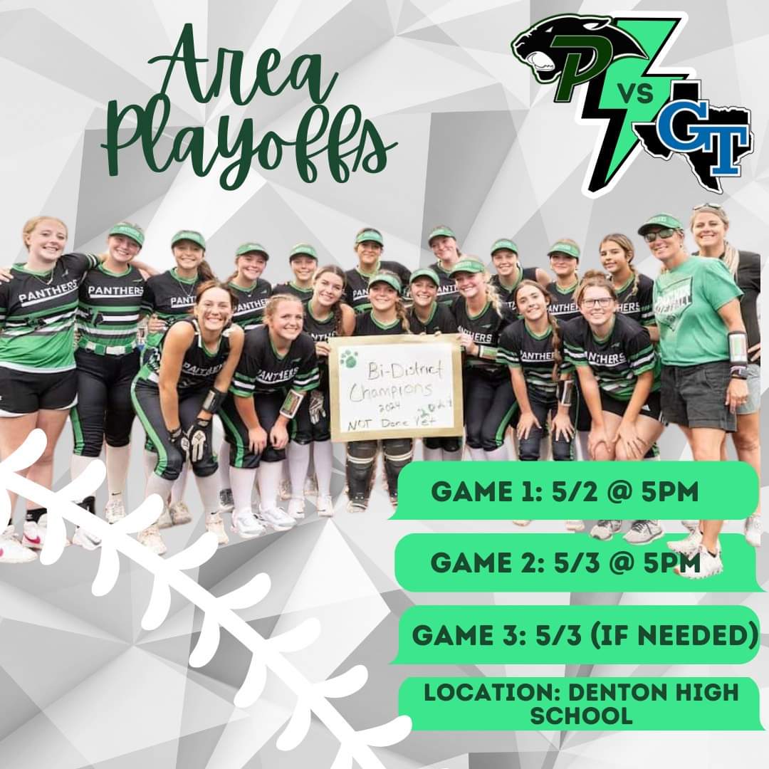 pdiseboostclub's tweet image. 💚 Area Playoff information for your Lady Panthers 🥎 against Gunter High School! Show your support for these ladies, come out to Denton High School this week &amp;amp; be loud! 📣💚 @WCMSports