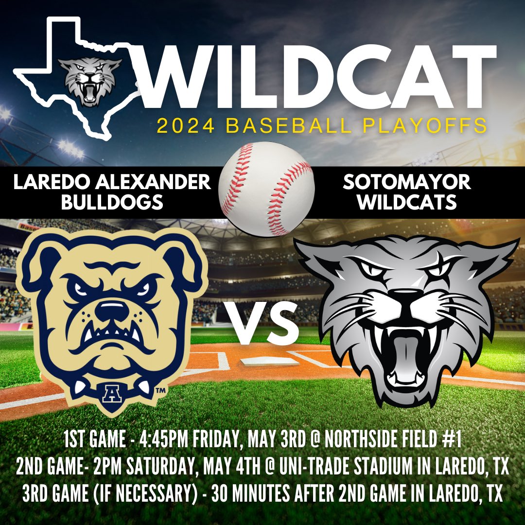 Huge shoutout to @SOTOCATBASEBALL on their 1st playoff appearance in Sotomayor History! Game 1 vs Laredo Alexander is at Northside Field #1 this Friday, May 3rd at 4:45pm. Game 2 in Laredo, TX, at 2pm on Saturday, followed by Game 3 if necessary. #FTR @NISDSotomayor