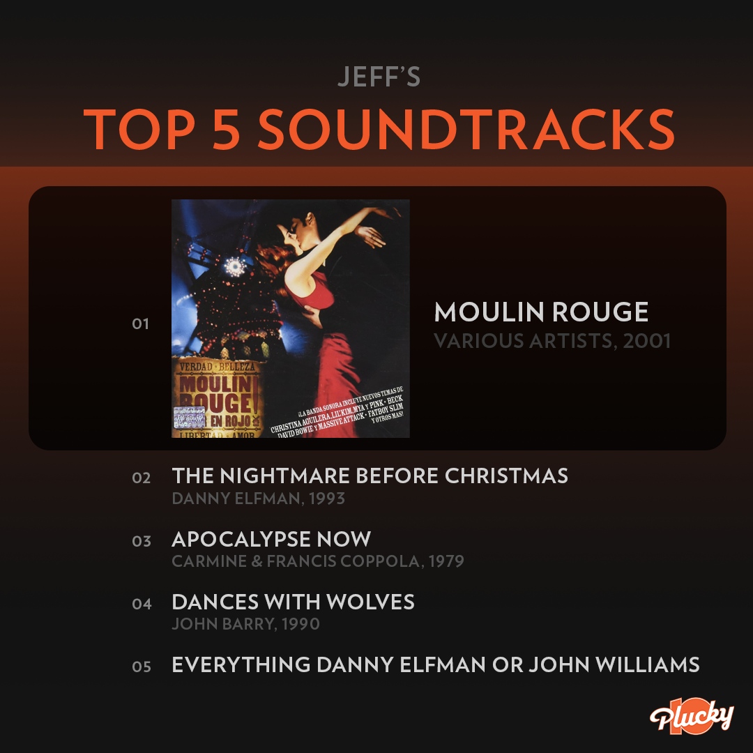 PluckyLLC's tweet photo. Drumroll, please! We're kicking off a new round of Plucky recommendations– this time with a curated selection of our Plucker's favorite songs from cinematic gems, guaranteed to add a touch of magic to your playlists. These are Jeff's all-time favs!

#MoulinRouge #TheNightmareB... https://t.co/GrBUNqLsMG