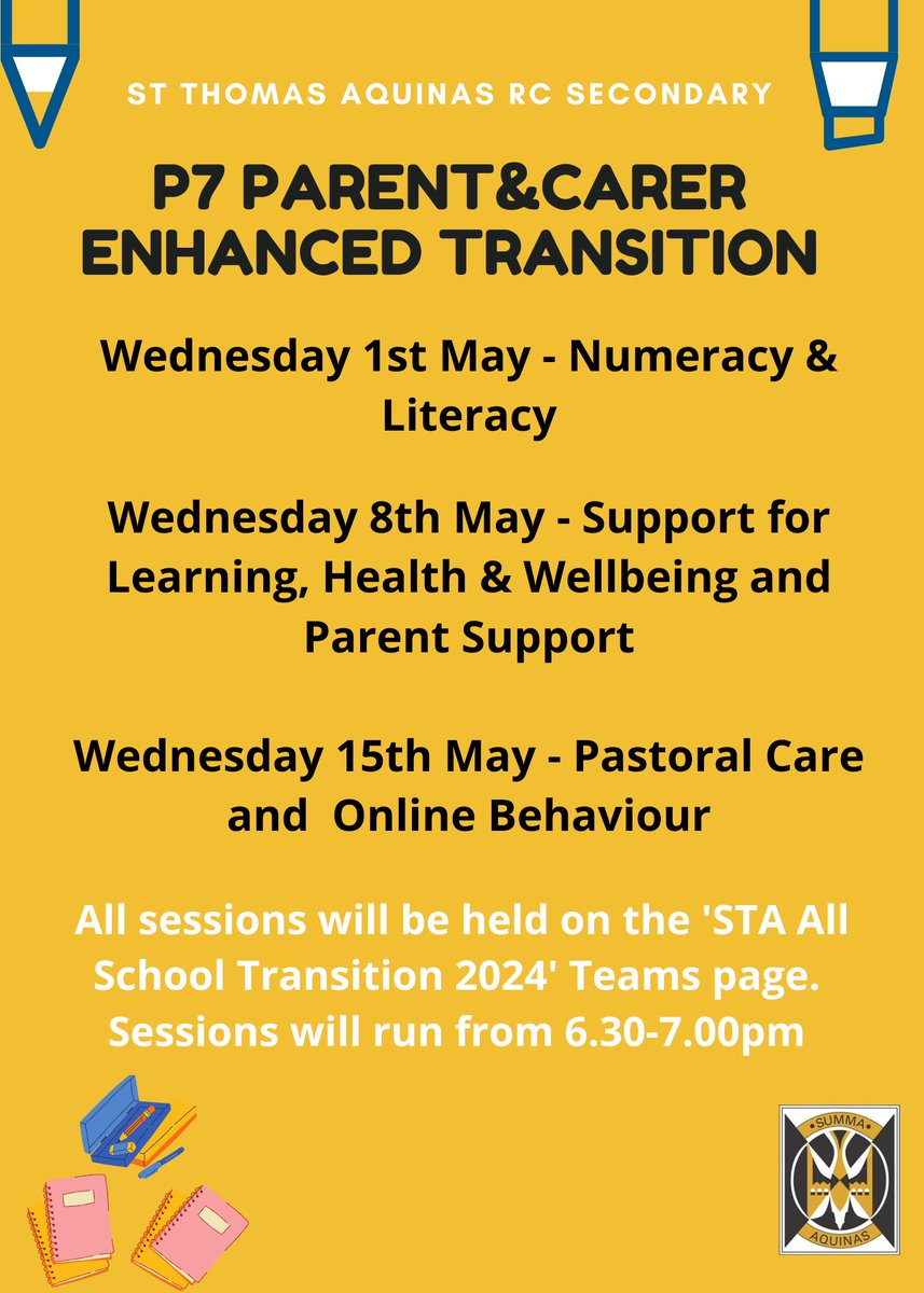 Our parental transition programme starts this Wednesday. This is open to all P7 parents/carers. Please join the session through your child’s iPad on the ‘STA all schools transition 2024’ page. This week we are talking all things Numeracy & Literacy! @StThomasAqSec @Mr_Henry_STA