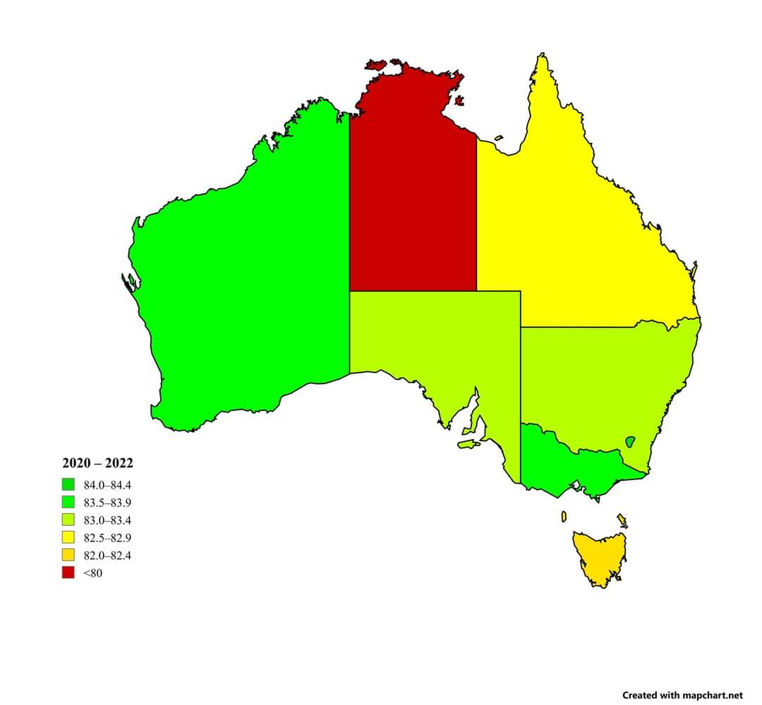 Life expectancy map of Australia 2020-2022