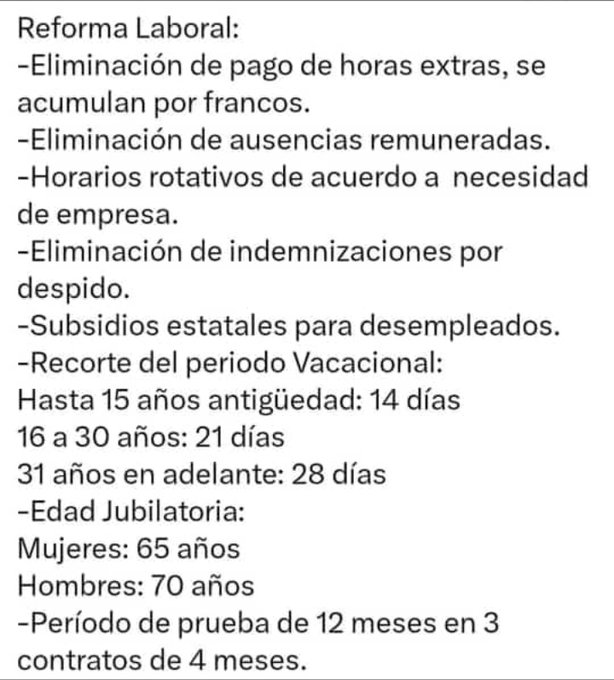 #ReformaLaboral #NoALaLeyBases #MileiEsUnaEstafa 
No a la Reforma Laboral que te convierte en un esclavo o esclava ❌👇