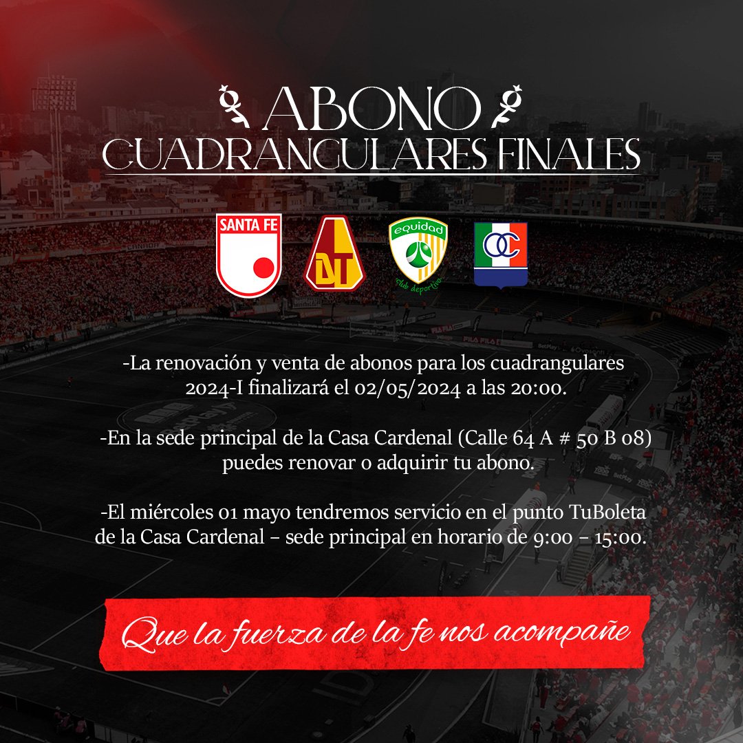 ¡León 🦁! Información importante: ✔️ Renovación abonos antiguos -> acortar.link/Mfv8jP. ✔ Abonados nuevos -> acortar.link/qIvzBA. Para tu comodidad, @Tuboletaoficial 🎟 tendrá servicio este festivo en Sede Principal 🇮🇩. Venta de abonos hasta el 02/05.