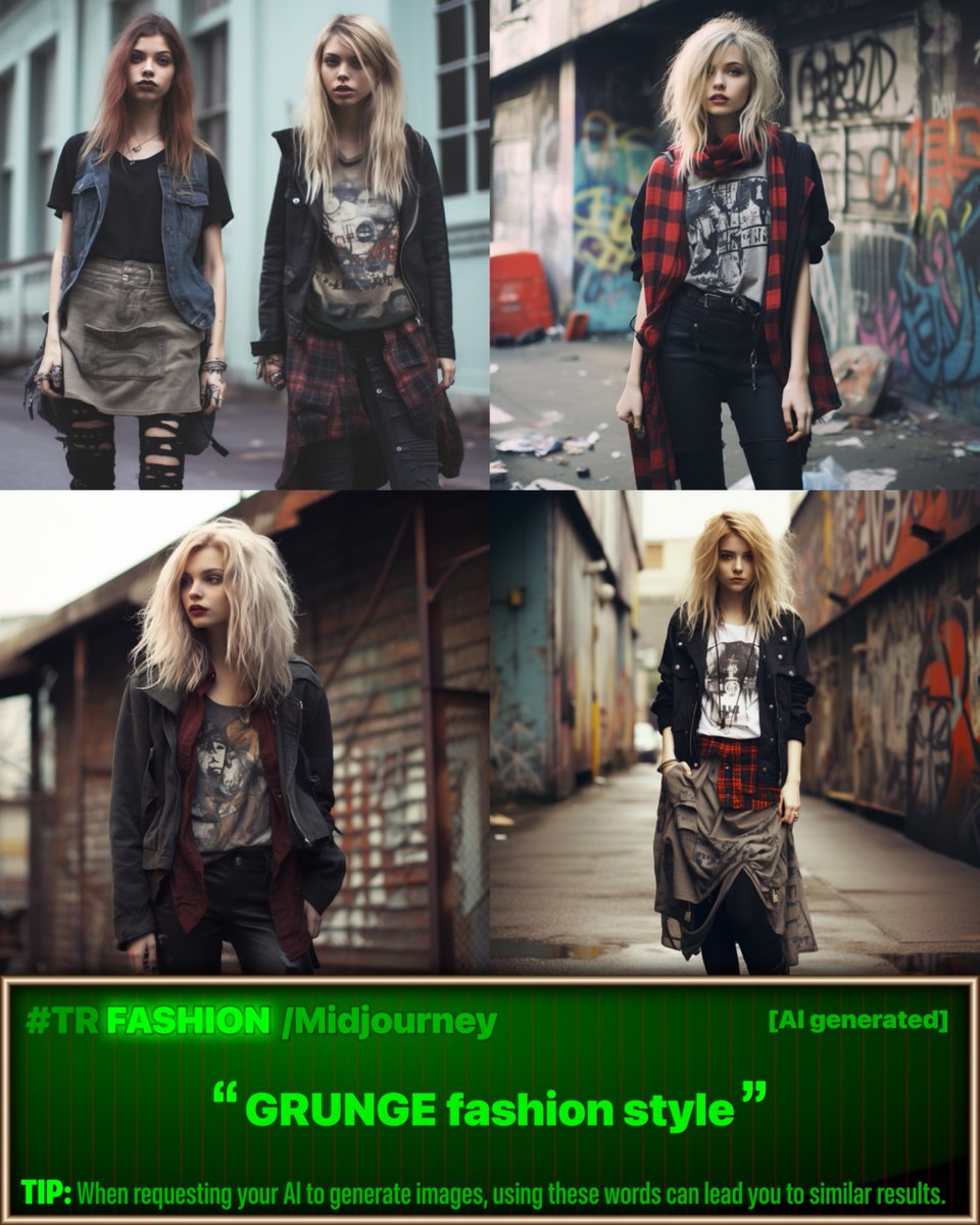 AI dives into the gritty spirit of grunge fashion, where rebellion wears a casual, disheveled charm. Channel this raw, unfiltered energy into your style ethos.

Follow #TRfashion for more!
+
#streetstyle #aistylist