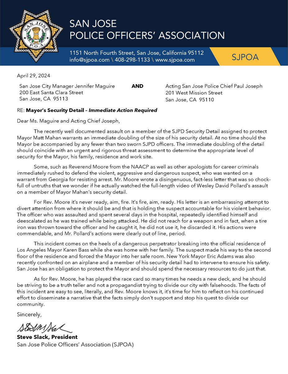 The SJPOA sent this letter to the City Manager & Acting Chief, Joseph, calling for doubling the Mayor’s security detail. We also address the patently untrue attacks by the NAACP’s Rev. Moore. Click link for full letter. bit.ly/SJPOA_Security
