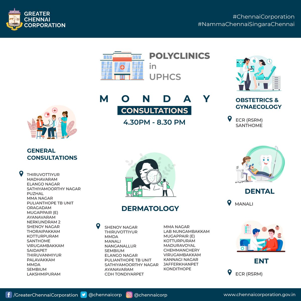 Hello #Chennaiites,

Between 4:30 PM and 8:30 PM, the following GCC polyclinics provide a range of specialized consultations.

@RAKRI1

#ChennaiCorporation
#HereToServe