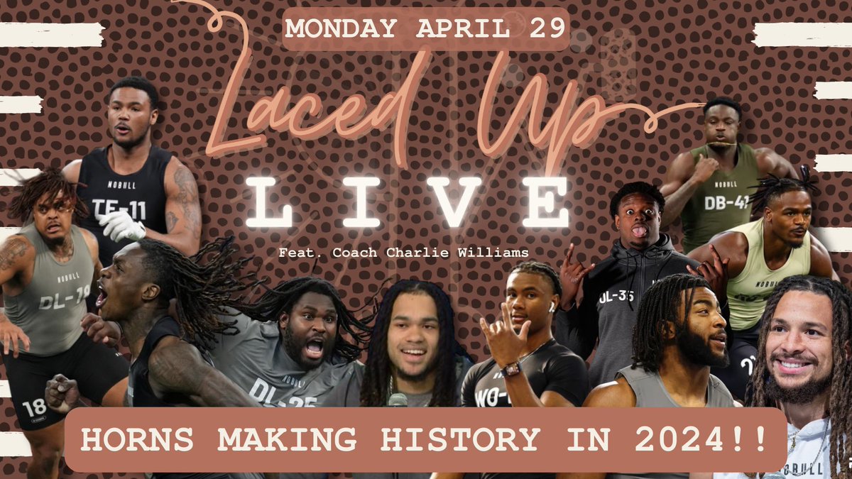 HORNS MAKE HISTORY!!!! 🤩🤩🤩 The 2024 class is definitely going to be one to remember!! @CoachWilliamsII & I sit down with a special guest TONIGHT on LacedUp LIVE! to talk the 2024 draft, what that means for the future of Texas football, PLUS a pick x pick breakdown of each