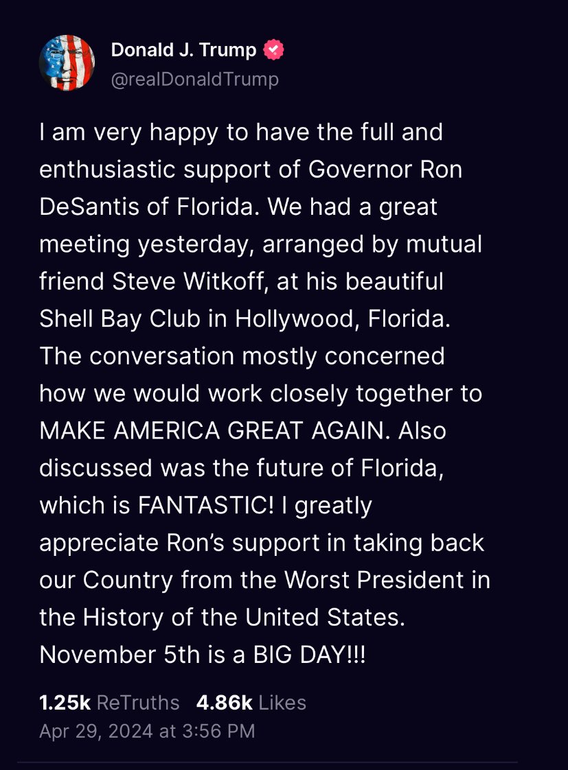 4.56 > 4.11 on 4.29 > 4.11 <> 114 

Donald Trump = 138 

Ron DeSantis = 138 

Ron Desanctimonious = 228 

The Best Is Yet To Come = 228 

Wigrdfwswsbchftmakeam = 609 

609 > 15 > 555 WRWY 

15 <> 5.1 

609 = TRUTH TRUTH TRUTH TRUTH TRUTH TRUTH TRUTH

TRUTH x 7