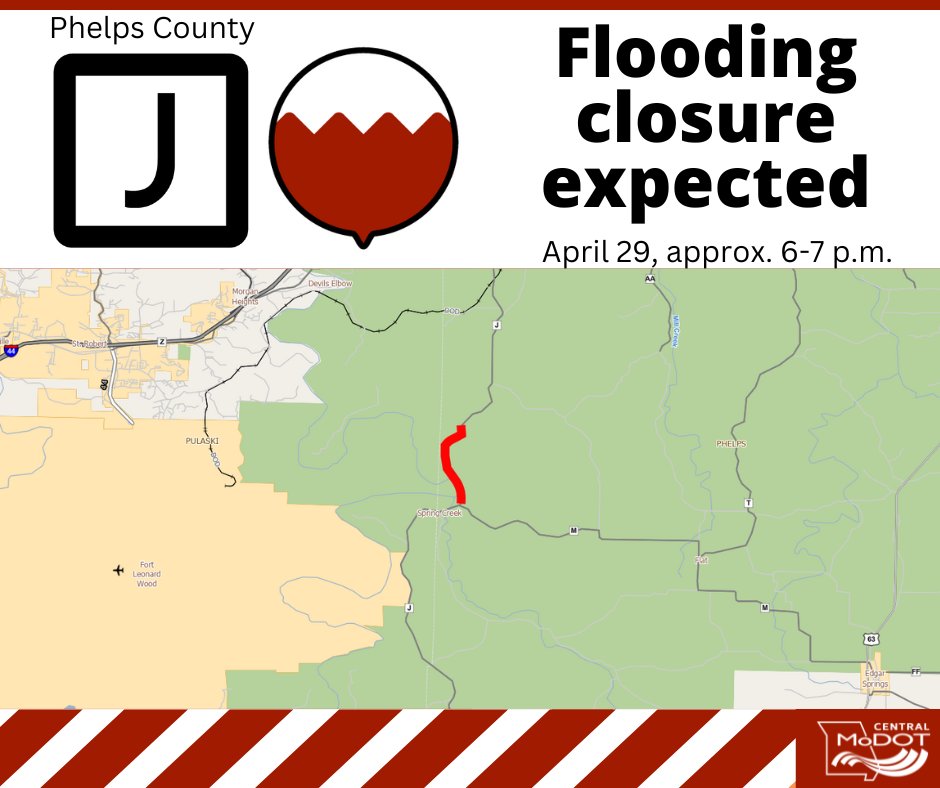 ⚠️🛑ALERT! Rte J in Phelps Co, north of Rte M, is expected to close later this evening - April 29, at approx. 6 or 7 pm - due to rising floodwaters on the Big Piney River. Use an alternate route & NEVER drive through water over a roadway or around barricades. #TurnAroundDontDrown