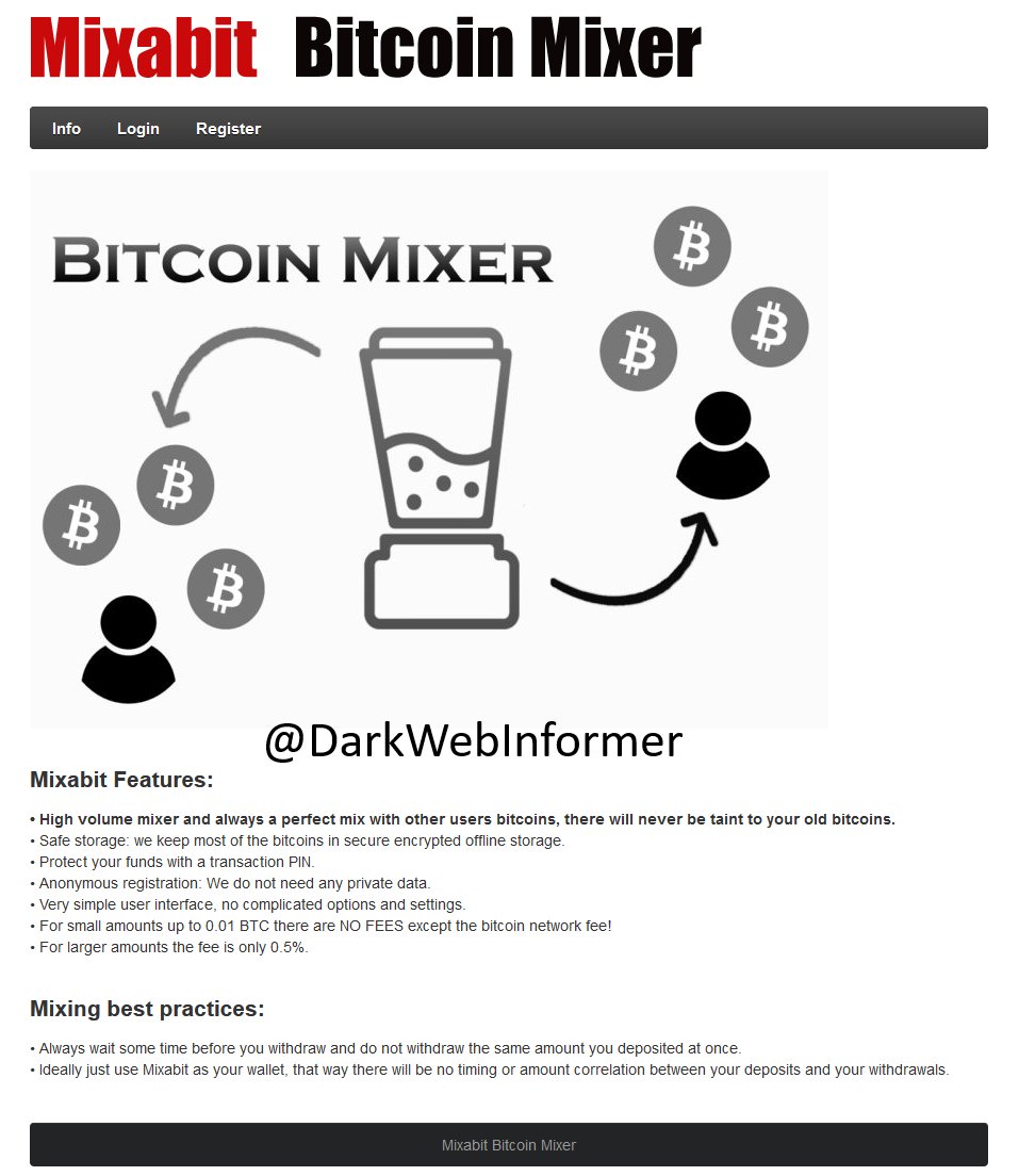 ⚠️Mixabit⚠️#Mixabit is a Bitcoin Mixer/Blender/Tumbler. Mixers are used in an effort to disrupt the transaction trail.

#CTI #Darknet #DarkWeb #DarkWebInformer #Cybercrime #Cybersecurity #Cyberattack #Infosec #Mixer #Bitcoin #BTC  #Crypto