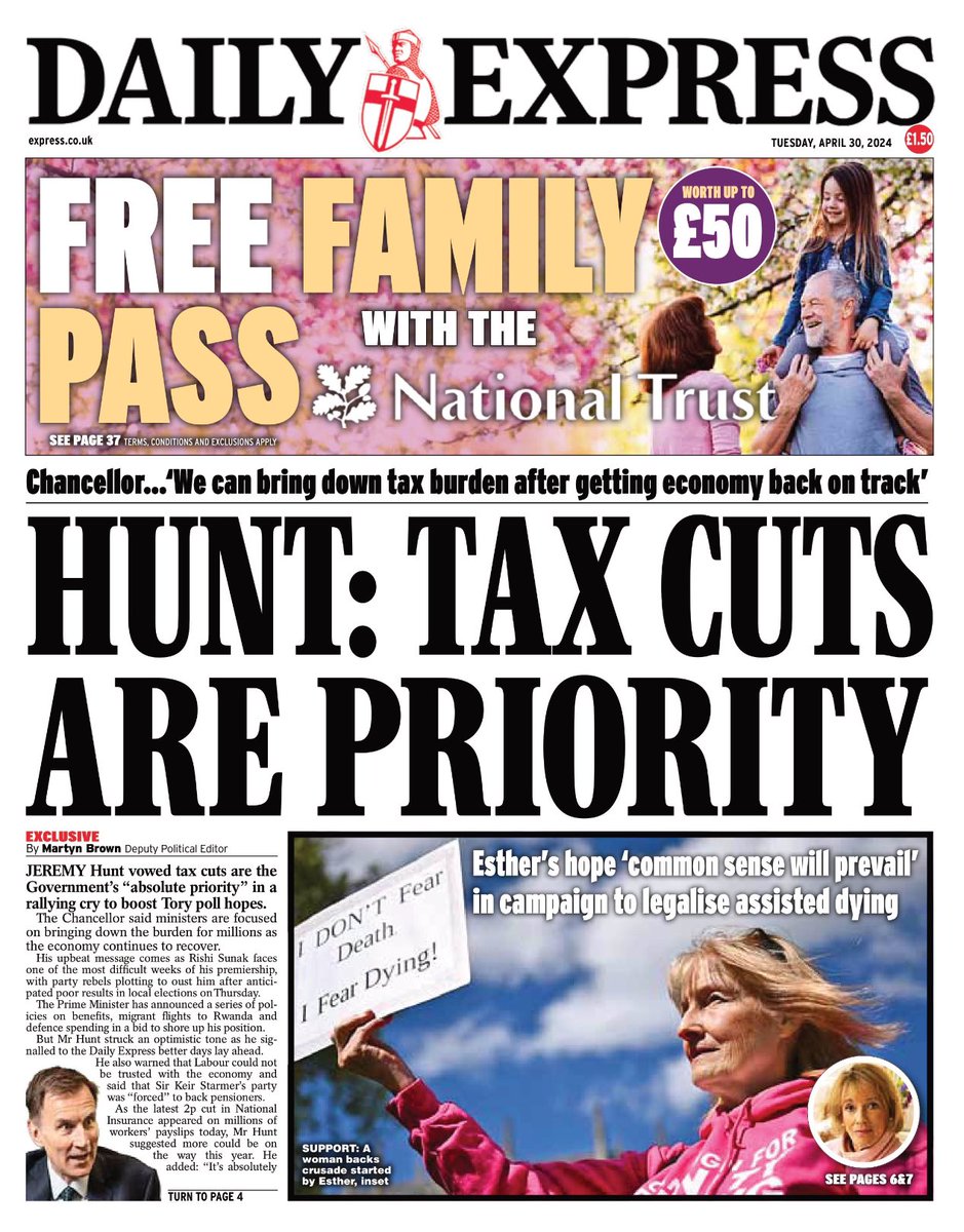 Introducing #TomorrowsPapersToday from:

#DailyExpress 

Hunt; Tax cuts are a priority 

Check out tscnewschannel.com/2024/04/28/tom… for a full range of newspapers.

#buyanewspaper  #TomorrowsPapersToday #buyapaper #pressfreedom #journalism