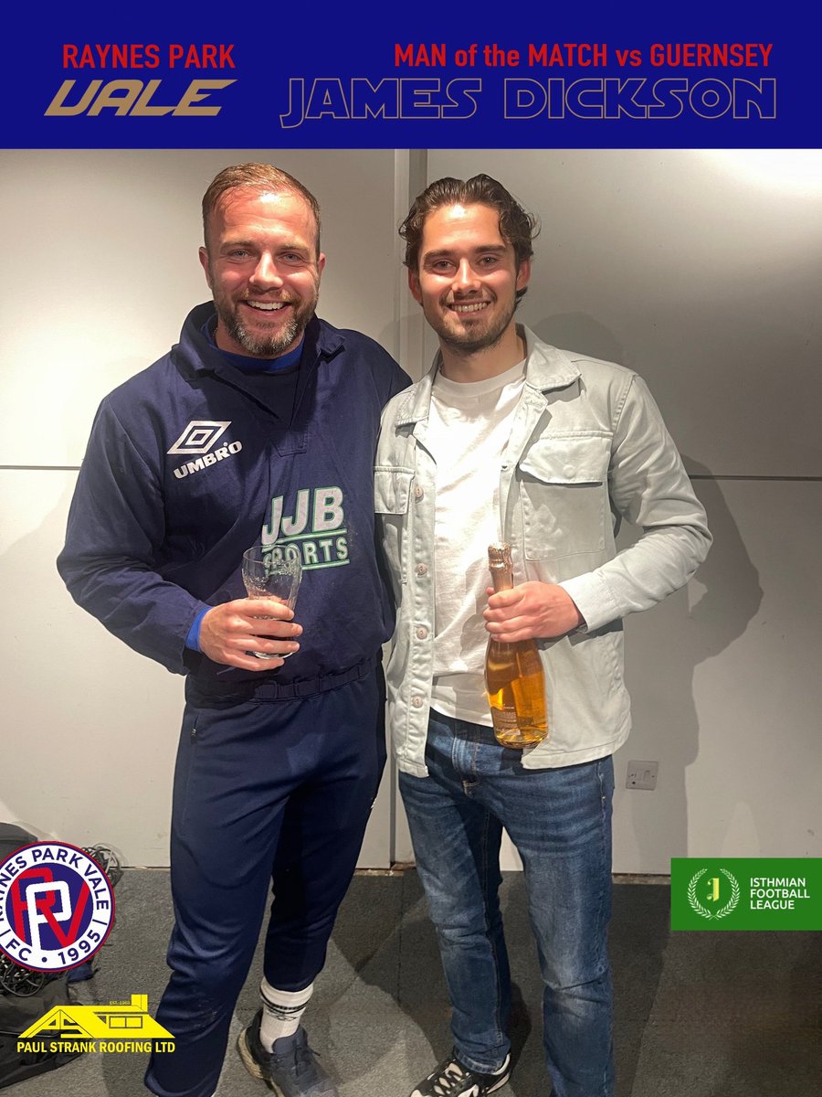 Raynes Park Vale FC (@rpvfc) on Twitter photo 🔵🔴 Midfielder James Dickson was thePaul Strank Roofing
RPV Man of the Match on Saturday vs Guernsey & he kindly shared the winning fizz 🍾out. Bit warm though. Great finish to his 1st season at RPV.
Well played Dicko 👏🏼
<a href="/PaulStrankMBE/">Paul Strank Charitable Trust</a> 🔵🔴 Midfielder James Dickson was thePaul Strank Roofing
RPV Man of the Match on Saturday vs Guernsey & he kindly shared the winning fizz 🍾out. Bit warm though. Great finish to his 1st season at RPV.
Well played Dicko 👏🏼
<a href="/PaulStrankMBE/">Paul Strank Charitable Trust</a>