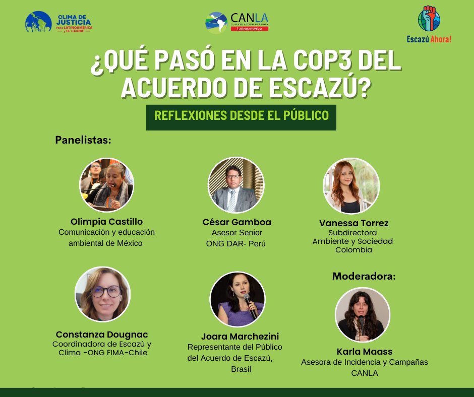 Contaremos con la participación de:
✅ Olimpia Castillo, Comunicación y Educación Ambiental de México y  Escazú Ahora
✅ Vanessa Torrez, Ambiente y Sociedad 
✅César Gamboa,  DAR 
✅ Joara Marchezini, Representante del Público del Acuerdo de Escazú 
✅Constanza Dougnac, FIMA