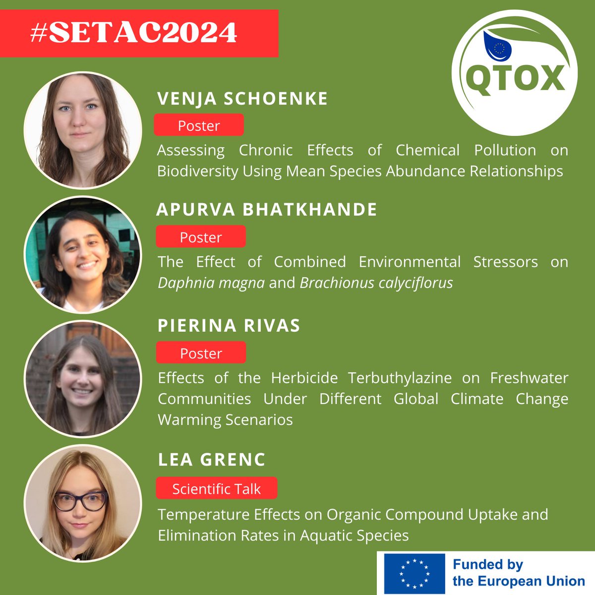 QTOX8's tweet image. Joining #SETAC2024 in Seville? No less than four doctoral fellows will represent #QTOX, the doctoral network on quantitative extrapolation in ecotoxicology (qtox.eu). Don't miss the chance to engage with them! 🌿🌍👩🔬
#MSCA #H2021 #ecotoxicology @MSCActions