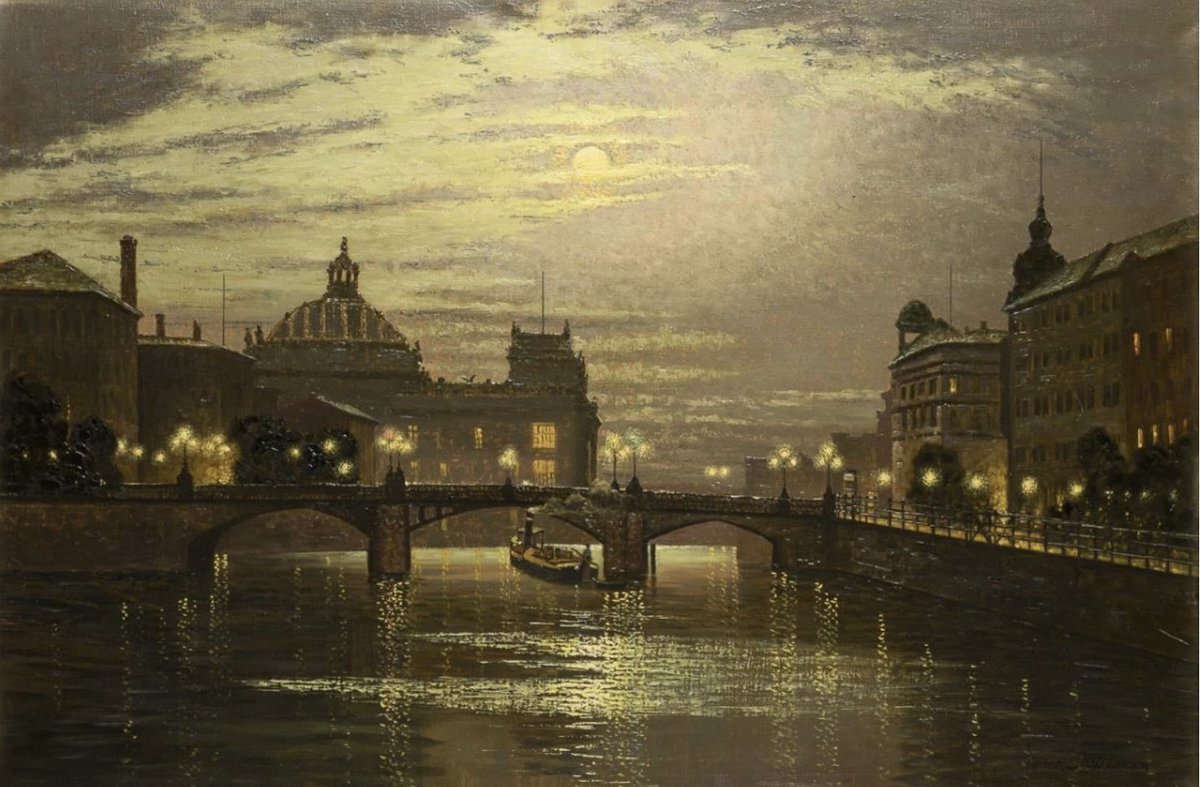 Tonight’s artist painted many nocturnal landscapes of Potsdam, Pomerania & Berlin. The various lights & their reflections add sparkle to the subdued colours. Good night.
Ernst Lorenz-Murowana (1872-1950), 🇩🇪artist 
Moonlight over Berlin. Reichstag Building with Marschallbrücke