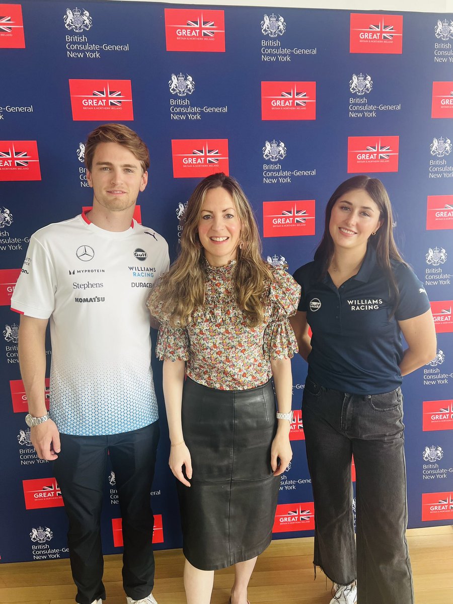 Great to have @WilliamsRacing’s @LoganSargeant & Lia Block make a pit stop @UKinNewYork en route to the Miami GP 🏎️ Formula 1 isn't just a sport, it's a driving force for the UK's economy, innovation, and creativity, showcasing British talent on a global scale #F1 #Innovation