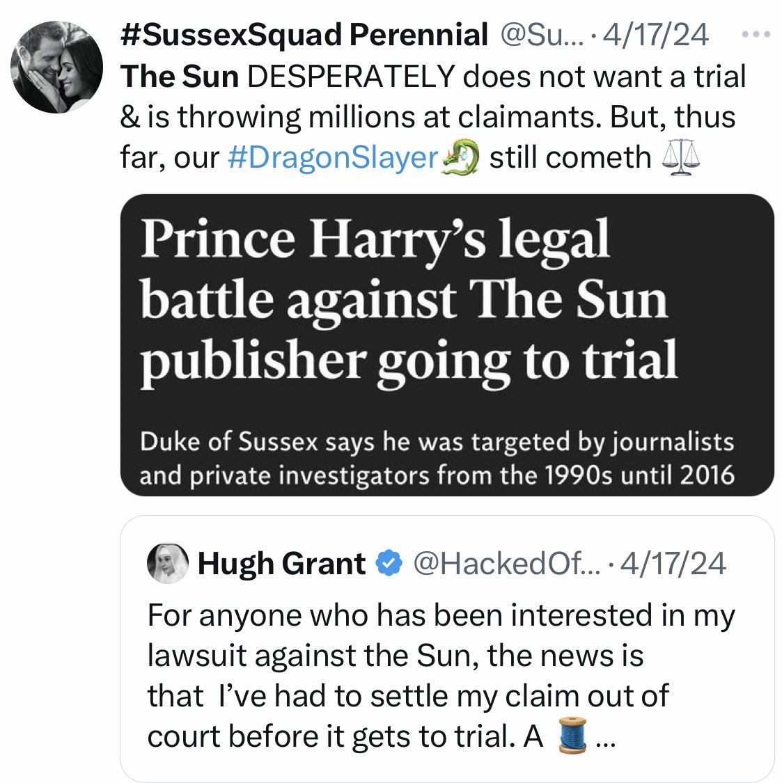 4/17/2024 Hugh Grant settled with The Sun. Here’s why … x.com/hackedoffhugh/…
