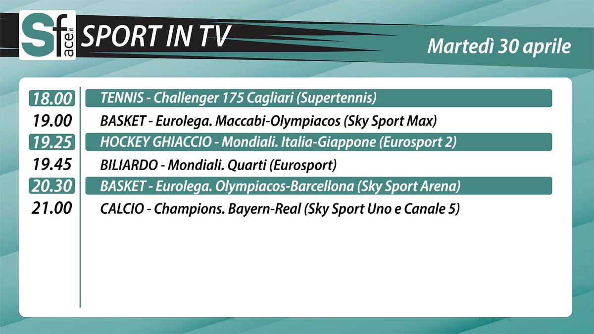 SPORT IN TV - PALINSESTO MARTEDI' #30APRILE