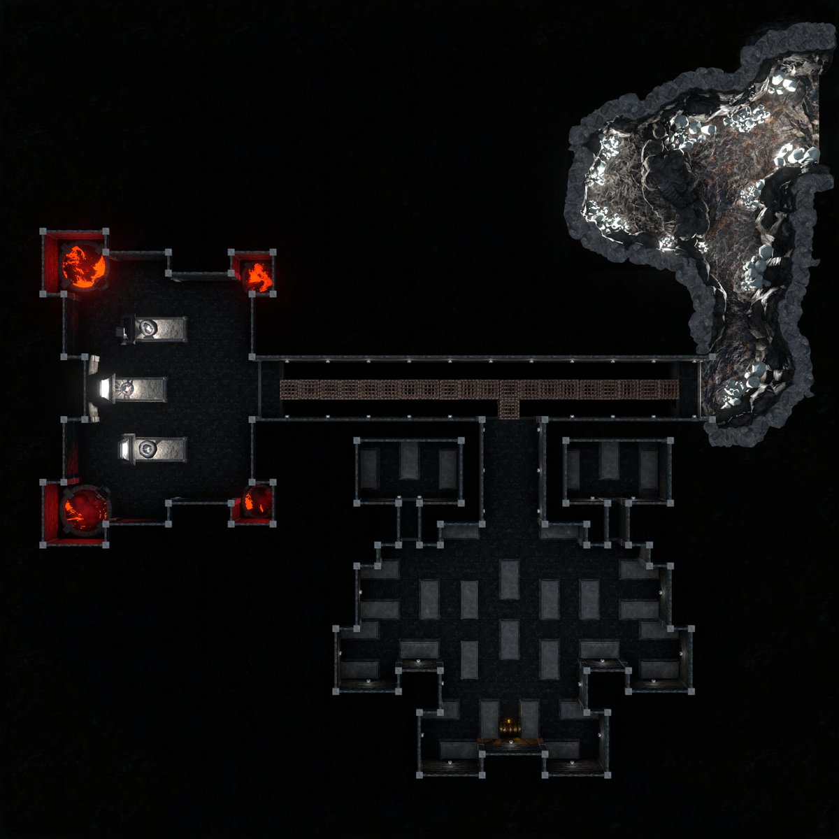 Arch_Novarias's tweet image. Day 626 - Smoll map following  the elder caves is a tomb. If the main tomb (west) is disturbed the lava floods the room and ends up filling the trench. The metal walk way melts away. Grid Size: 42x42