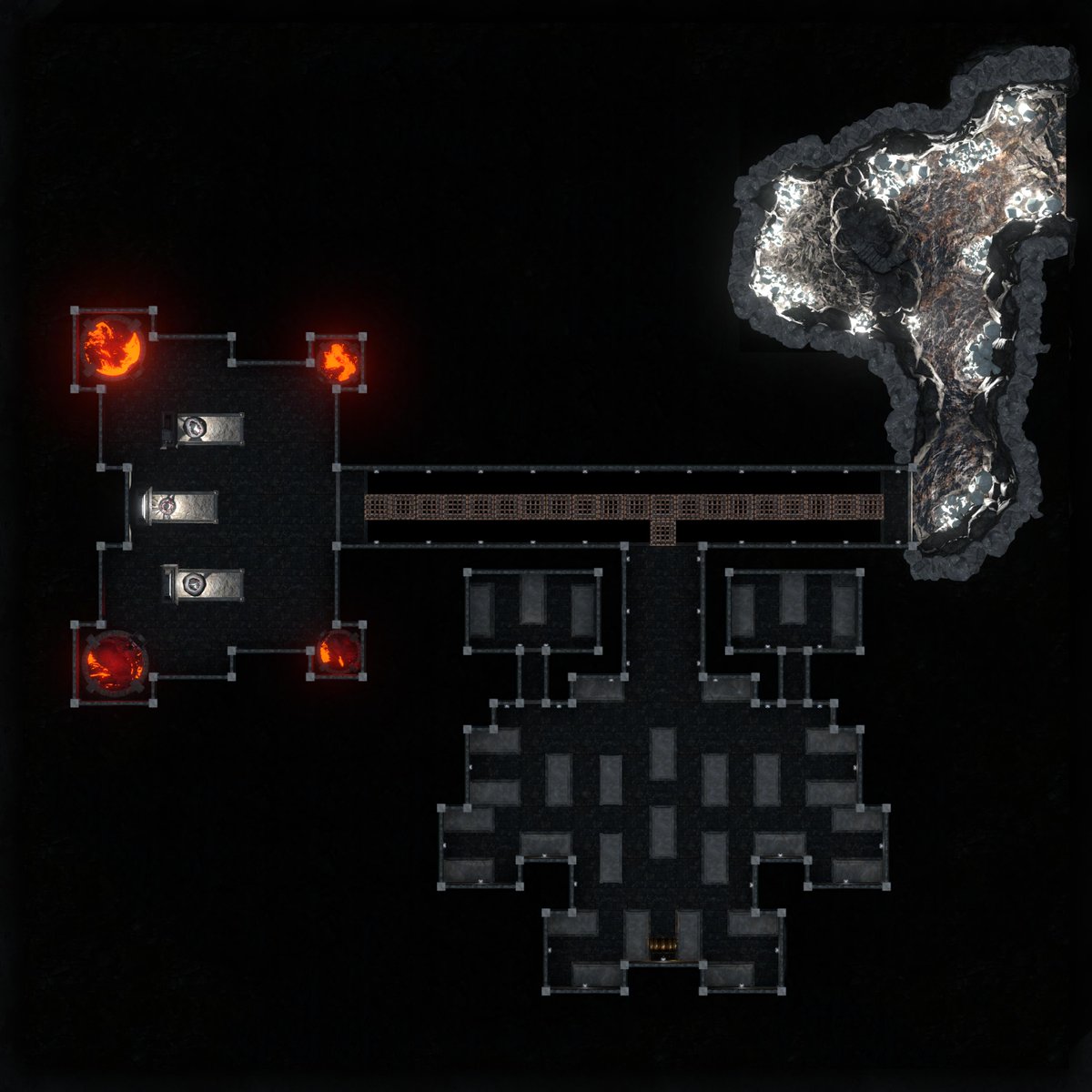 Arch_Novarias's tweet image. Day 626 - Smoll map following  the elder caves is a tomb. If the main tomb (west) is disturbed the lava floods the room and ends up filling the trench. The metal walk way melts away. Grid Size: 42x42