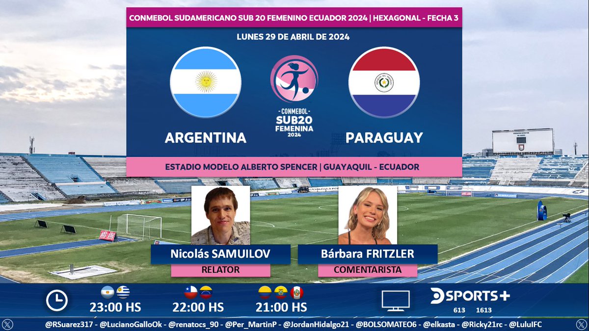 Hoy, desde las 22:30, seguimos con el Sudamericano Femenino Sub 20 EN VIVO por @DSports: ⚽ #Sub20Fem 🌎 | 🇦🇷 #Argentina vs. #Paraguay 🇵🇾 🎙 Relator: @NicolasSamuilov 🎙 Comentarista: @barbiefritzler 📺 @DSports + (613-1613 HD) Sudamérica 💻📱@DGO_Latam
