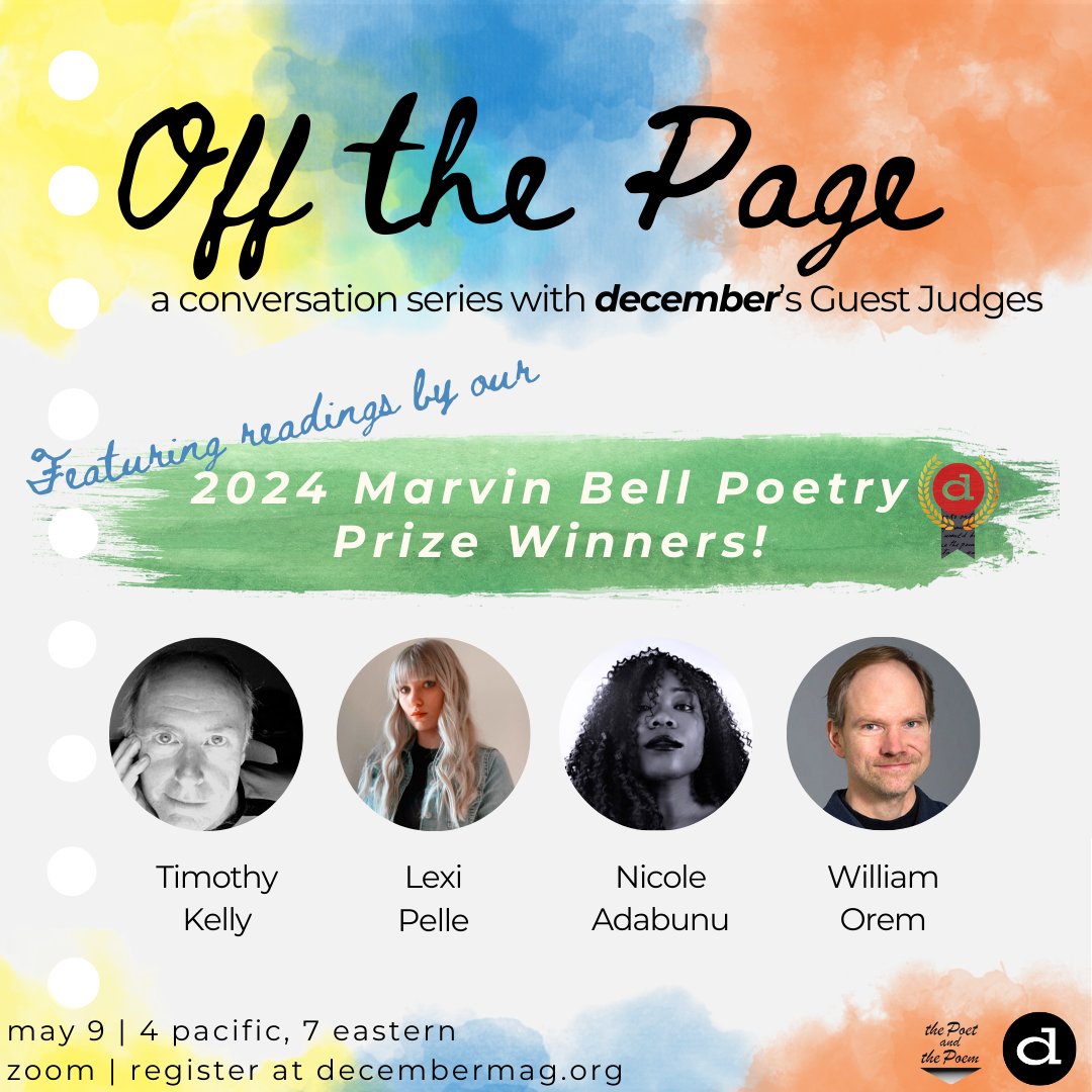Can’t wait to hear these poets read next week, along with #DorianneLaux! Register for our first Off the Page event here: tinyurl.com/decOTP9
 
<a href="/LexiPellePoetry/">LexiPellePoetry</a> <a href="/AidenHeung/">Aiden Heung 艾登🌈🌈</a> <a href="/NotNowNicole/">thee knife in tory lanez</a> 

#poetry #literary