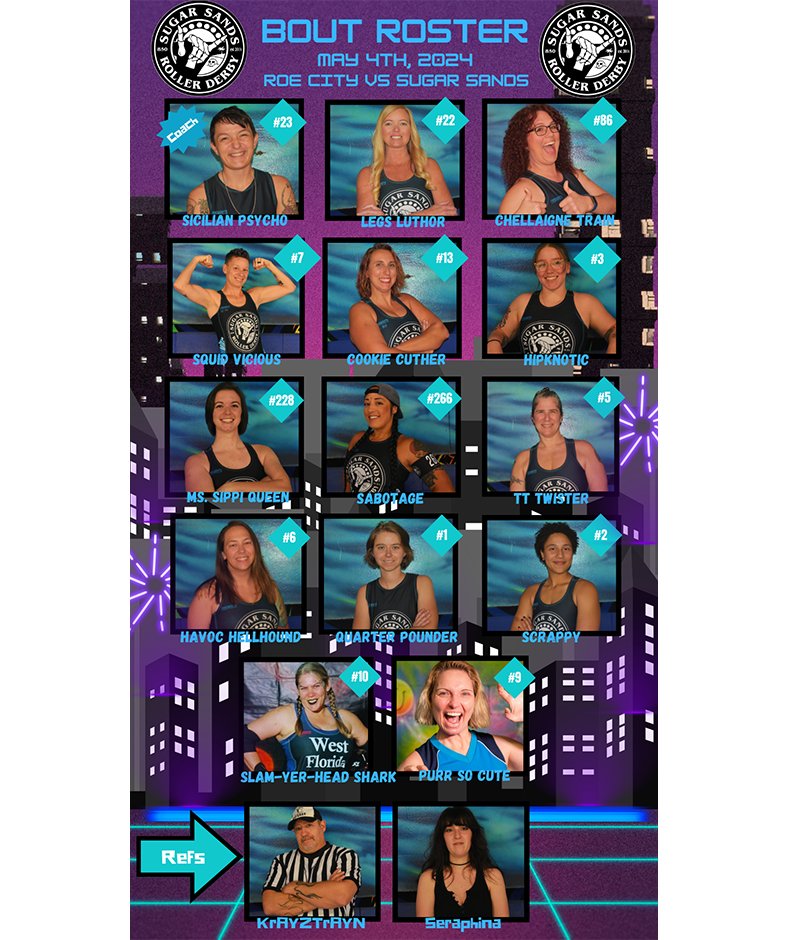 IT'S BOUT WEEK!!! Roe City Roller Derby will be going head-to-head with Sugar Sands Roller Derby this Saturday, May 4, starting at 4pm! The Star Wars mashup will start at 6pm with people from teams all over the south!
We can't wait to see everyone this Saturday!!! 🛼😁✨💜