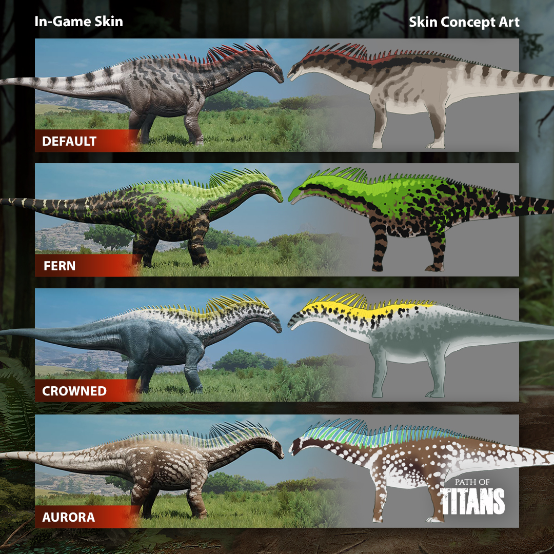 Here's a look at the art process from original concepts to in-game skins. What do you think of the comparison between the Amargasaurus skin artwork and the final results? Do you have a favorite out of Default, Fern, Crowned and Aurora? #pathoftitans #dinosaurs
