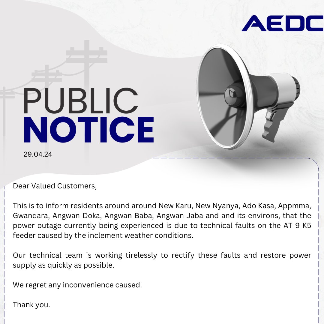 Dear Customers, This is for your information. #AEDC #Abujadisco #PowerofCommitment