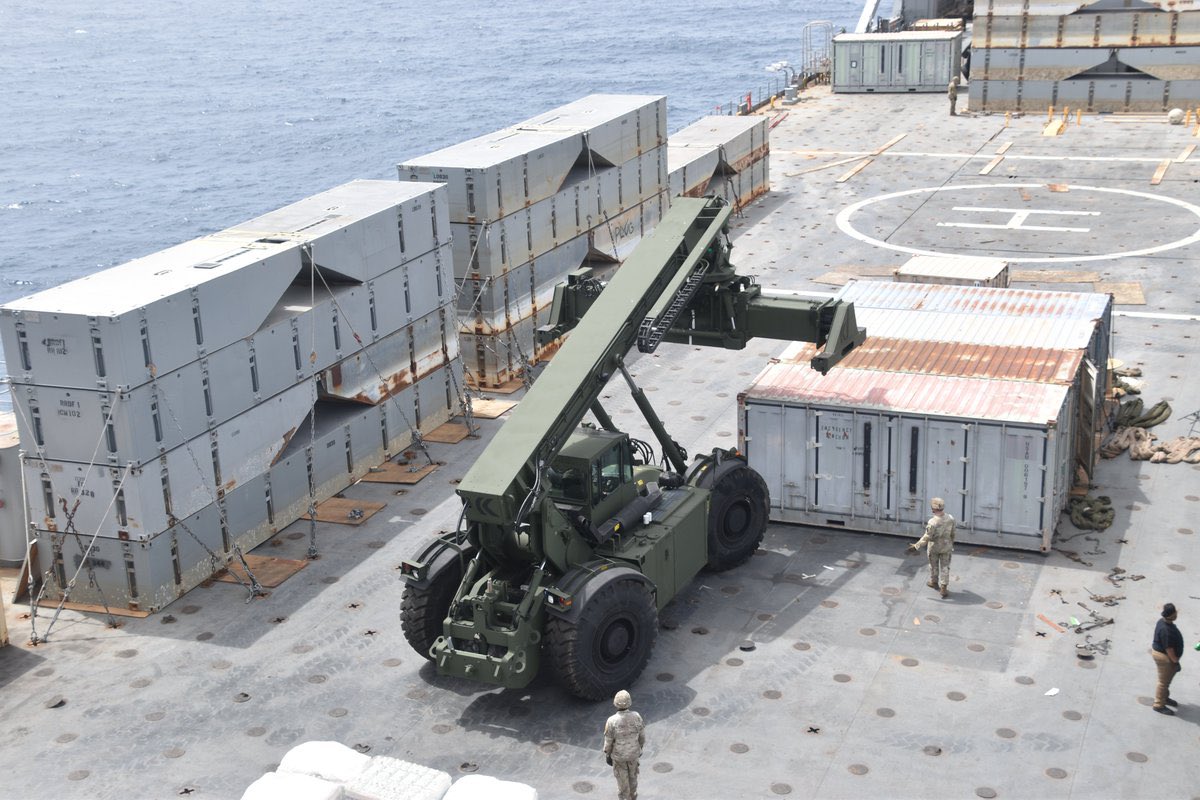 U.S. Central Command has released Images today showing Soldiers and Sailors aboard the Bob Hope-Class Vehicle Cargo Ship, MV Roy P. Benavidez beginning the Construction of the U.S. Army’s Joint Logistics Over-The-Shore (JLOTS) Temporary-Floating Dock off the Coast of the Gaza