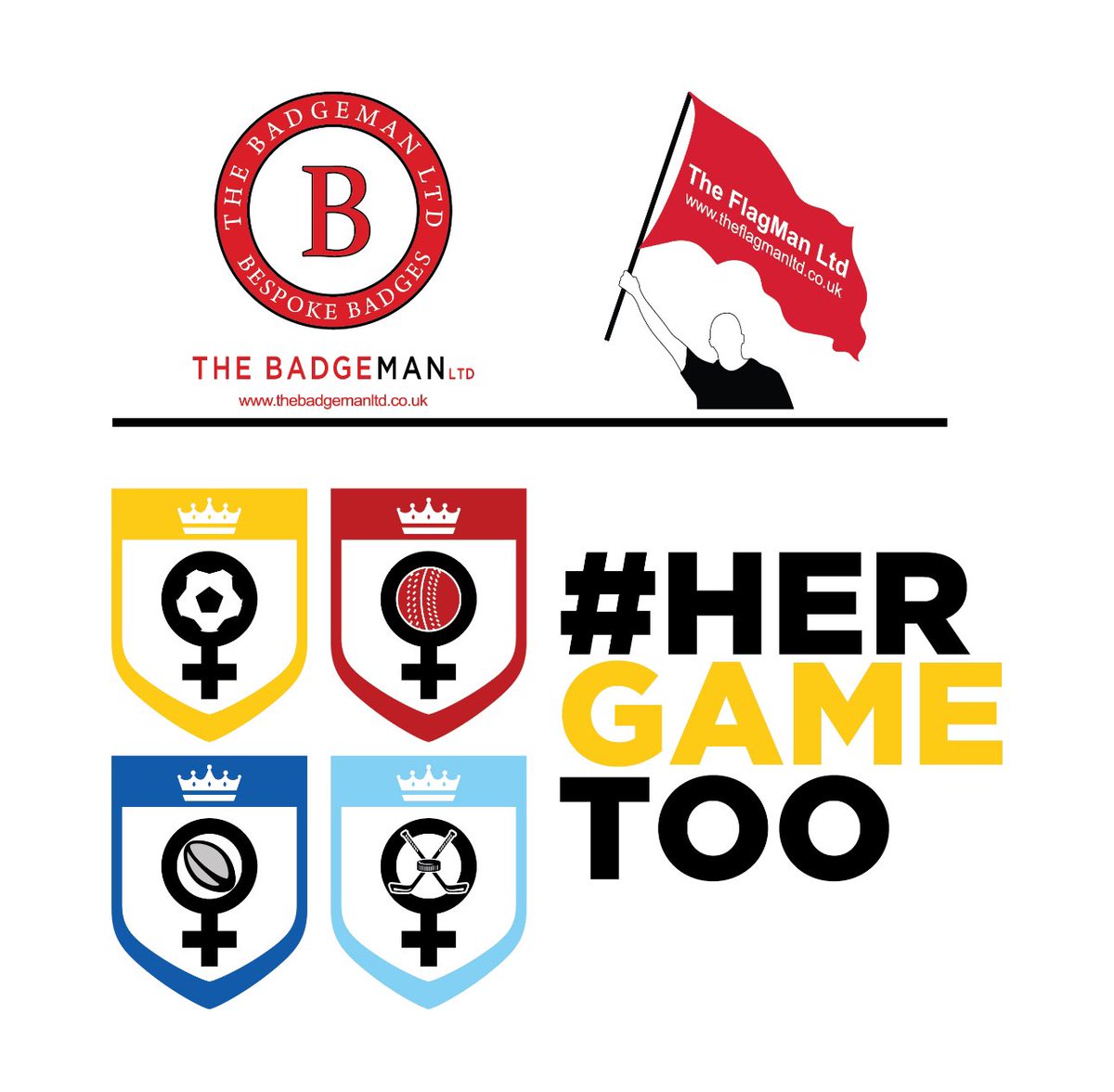 Honoured to be official merchandise partners for @HerGameToo 

For all official badges, lanyards and stickers visit thebadgeman.shop 

For all your official #HGT flags contact theflagmanltd.co.uk 

Profits donated back to fund the campaign & girls grassroots football