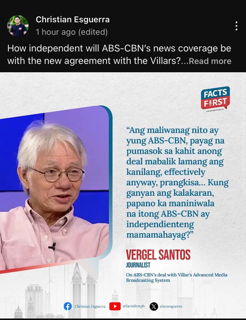 Indeed, how will one expect ABS-CBN to be “independent” in its news coverage, especially when they involve its politician partners and benefactors? This is what I dislike about this media outfit. In its haste to get its franchise back, it’s willing to partner with the devil.