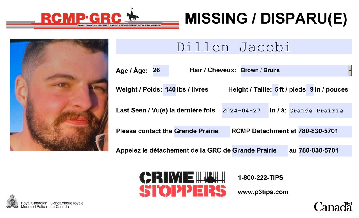 #Missing: Dillen Jacobi, 26, #GrandePrairie.