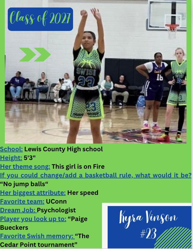 Here’s our next player spotlight! Miss Kyra Vinson comes from our class of 2027!!

Check out her player profile below⬇️⬇️
wvswish.com/kyra-vinson

#OneSwishFamily 💙💚