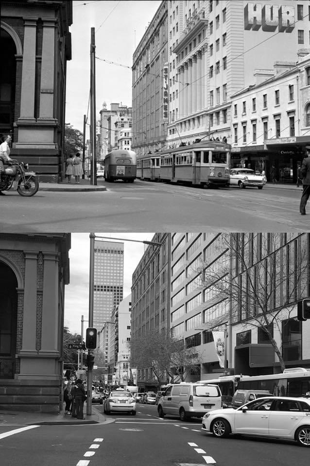 Blast from the STAN past - Looking south down Elizabeth Street, Sydney from the corner of King Street in 1961 and in 2016. [1961-by Ian Brady/Trams Down Under Archive>2016-by Phil Harvey]